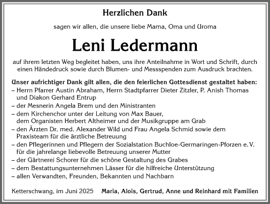 Traueranzeige von Leni Ledermann von Allgäuer Zeitung, Kaufbeuren/Buchloe
