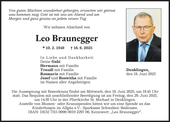 Traueranzeige von Leo Braunegger von Landsberger Tagblatt, Augsburger Allgemeine