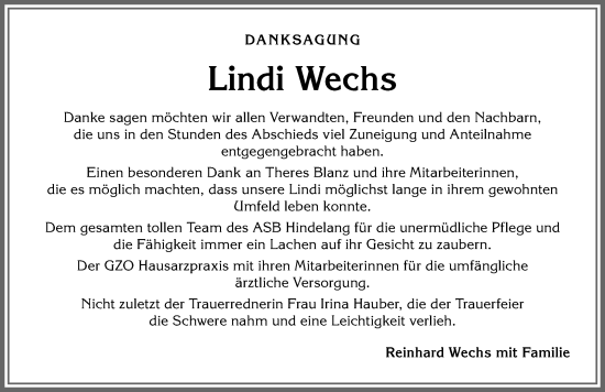 Traueranzeige von Lindi Wechs von Allgäuer Anzeigeblatt