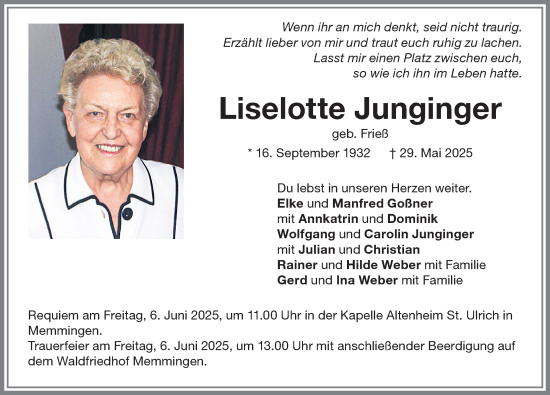 Traueranzeige von Liselotte Junginger von Memminger Zeitung