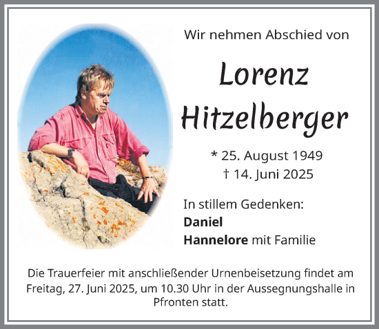Traueranzeige von Lorenz Hitzelberger von Allgäuer Zeitung, Füssen