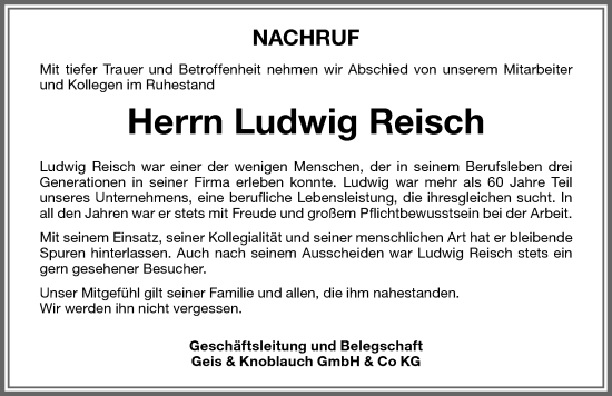 Traueranzeige von Ludwig Reisch von Memminger Zeitung