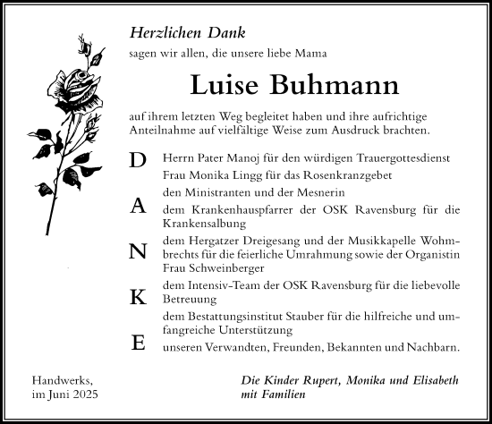 Traueranzeige von Luise Buhmann von Der Westallgäuer