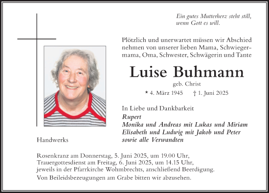 Traueranzeige von Luise Buhmann von Der Westallgäuer