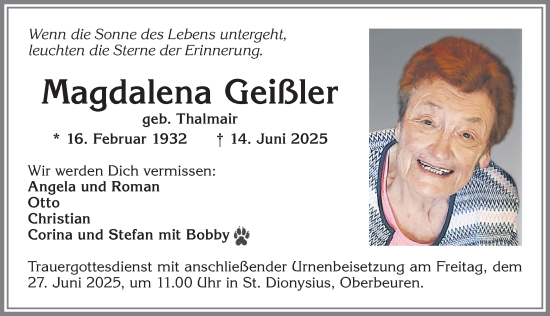 Traueranzeige von Magdalena Geißler von Allgäuer Zeitung, Kaufbeuren/Buchloe