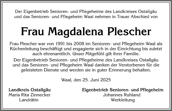 Traueranzeige von Magdalena Plescher von Allgäuer Zeitung, Kaufbeuren/Buchloe