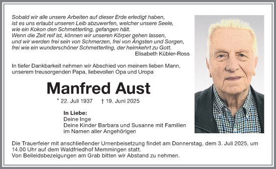 Traueranzeige von Manfred Aust von Memminger Zeitung