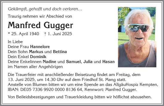 Traueranzeige von Manfred Gugger von Allgäuer Zeitung,Kempten