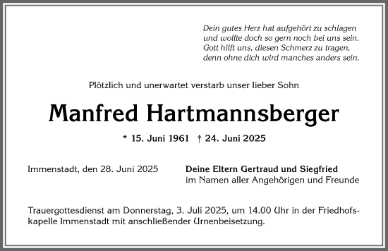Traueranzeige von Manfred Hartmannsberger von Allgäuer Anzeigeblatt