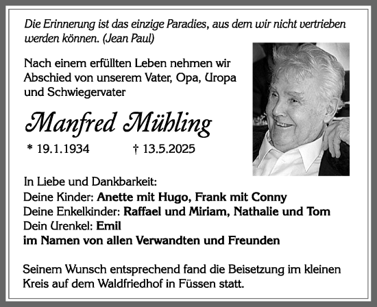 Traueranzeige von Manfred Mühling von Allgäuer Zeitung, Füssen