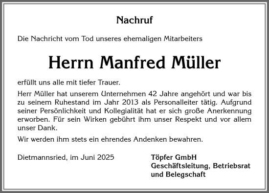 Traueranzeige von Manfred Müller von Allgäuer Zeitung,Kempten
