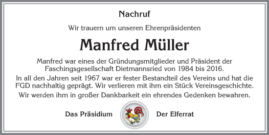 Traueranzeige von Manfred Müller von Allgäuer Zeitung,Kempten