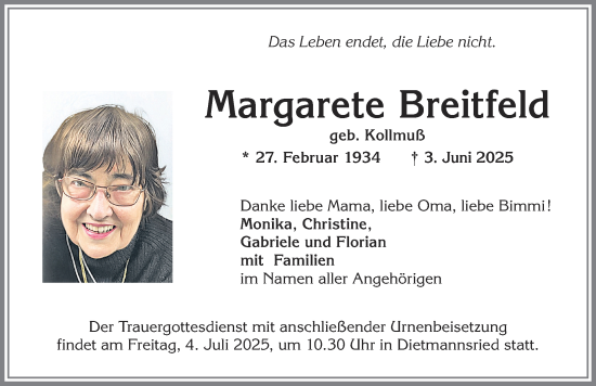 Traueranzeige von Margarete Breitfeld von Allgäuer Zeitung,Kempten