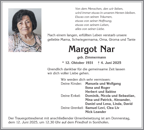 Traueranzeige von Margot Nar von Allgäuer Anzeigeblatt