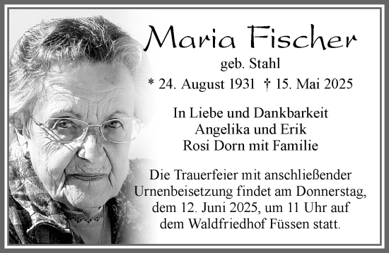 Traueranzeige von Maria Fischer von Allgäuer Zeitung, Füssen