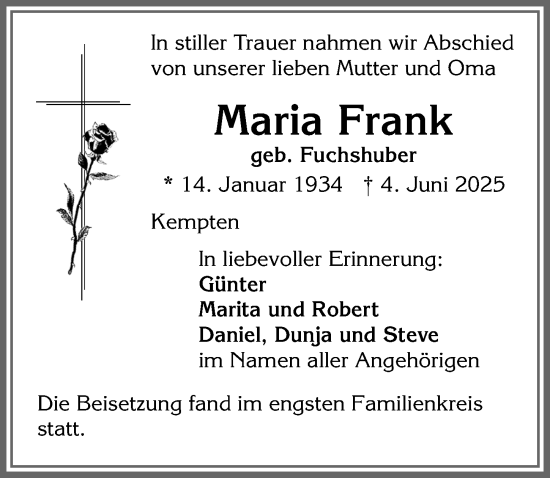 Traueranzeige von Maria Frank von Allgäuer Zeitung,Kempten