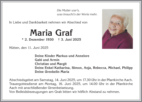 Traueranzeige von Maria Graf von Allgäuer Anzeigeblatt
