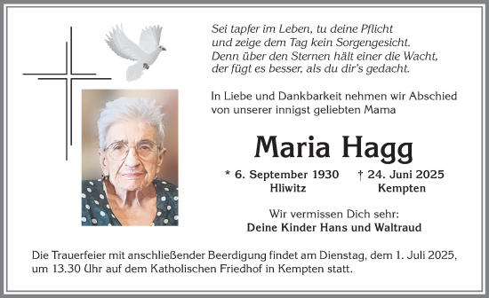 Traueranzeige von Maria Hagg von Allgäuer Zeitung,Kempten