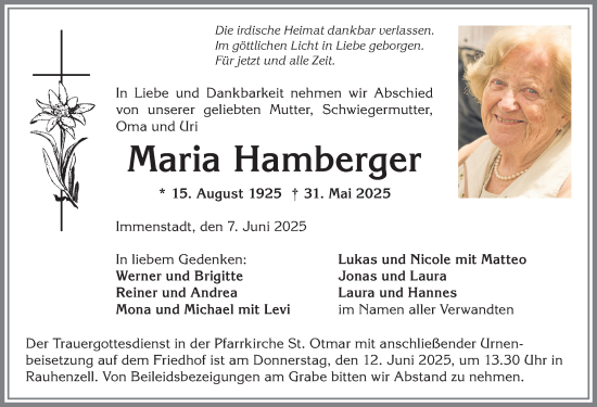 Traueranzeige von Maria Hamberger von Allgäuer Anzeigeblatt