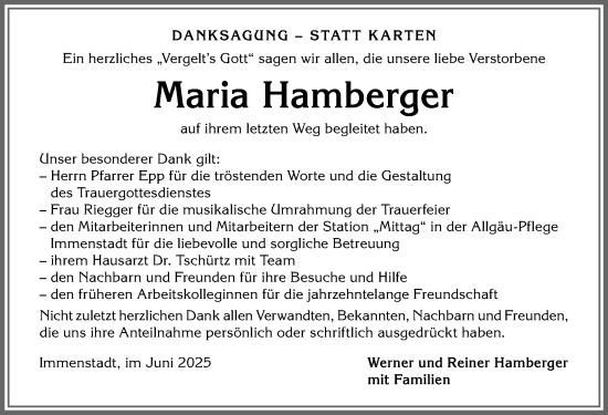 Traueranzeige von Maria Hamberger von Allgäuer Anzeigeblatt