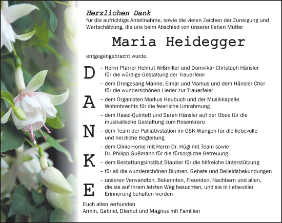 Traueranzeige von Maria Heidegger von Der Westallgäuer