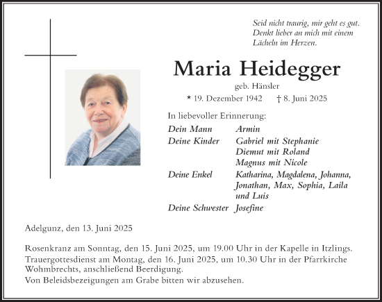 Traueranzeige von Maria Heidegger von Der Westallgäuer