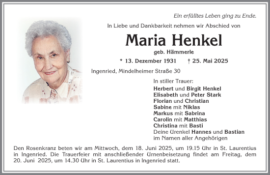 Traueranzeige von Maria Henkel von Allgäuer Zeitung, Kaufbeuren/Buchloe