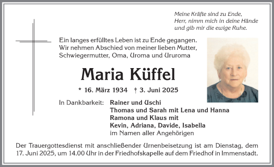 Traueranzeige von Maria Küffel von Allgäuer Anzeigeblatt