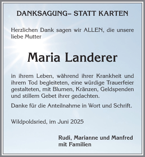 Traueranzeige von Maria Landerer von Allgäuer Zeitung,Kempten