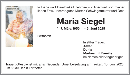 Traueranzeige von Maria Siegel von Memminger Zeitung