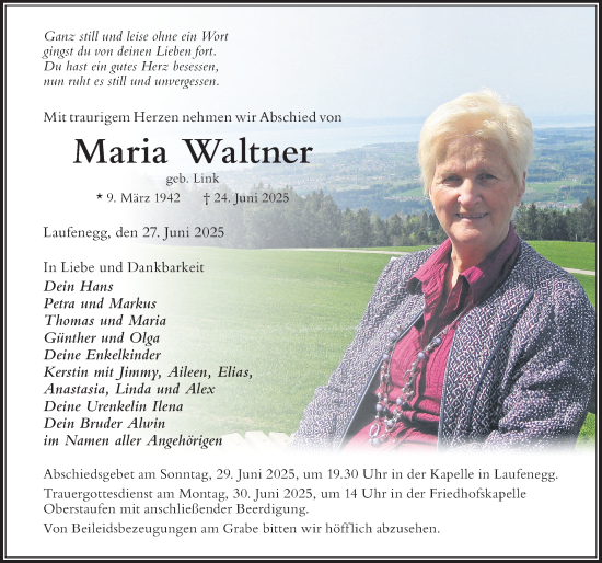 Traueranzeige von Maria Waltner von Der Westallgäuer