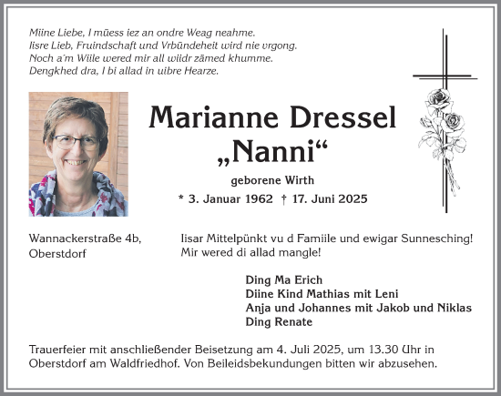 Traueranzeige von Marianne Dressel von Allgäuer Anzeigeblatt