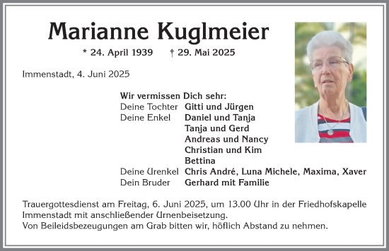 Traueranzeige von Marianne Kuglmeier von Allgäuer Anzeigeblatt