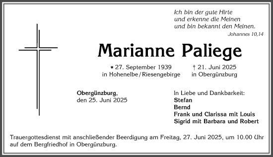 Traueranzeige von Marianne Paliege von Allgäuer Zeitung, Marktoberdorf