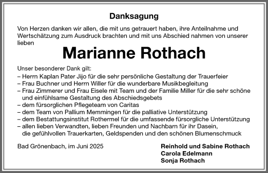 Traueranzeige von Marianne Rothach von Memminger Zeitung