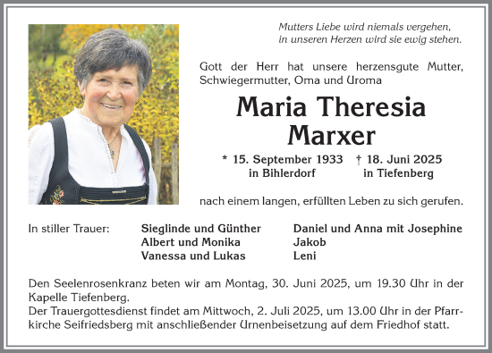 Traueranzeige von Maria Theresia Marxer von Allgäuer Anzeigeblatt