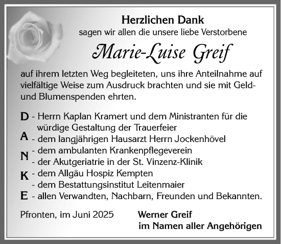 Traueranzeige von Marie-Luise Greif von Allgäuer Zeitung, Füssen
