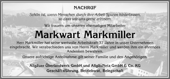 Traueranzeige von Markwart Markmiller von Allgäuer Zeitung,Kempten