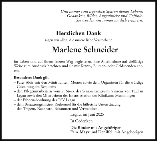 Traueranzeige von Marlene Schneider von Memminger Zeitung