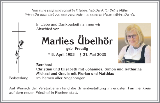 Traueranzeige von Marlies Übelhör von Allgäuer Anzeigeblatt