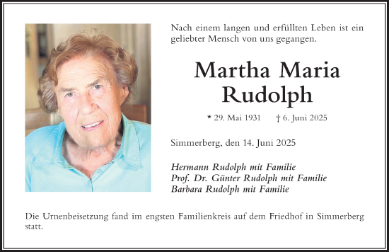 Traueranzeige von Martha Maria Rudolph von Der Westallgäuer