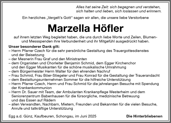 Traueranzeige von Marzella Höfler von Memminger Zeitung