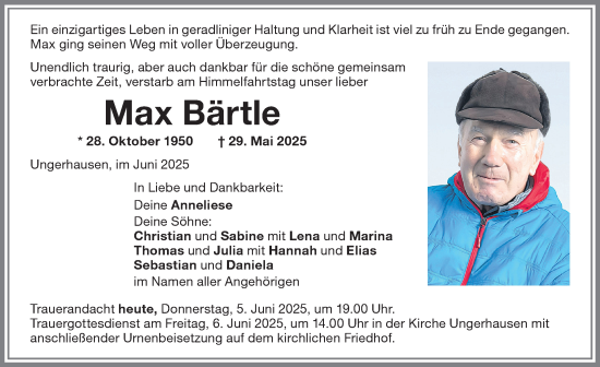 Traueranzeige von Max Bärtle von Memminger Zeitung