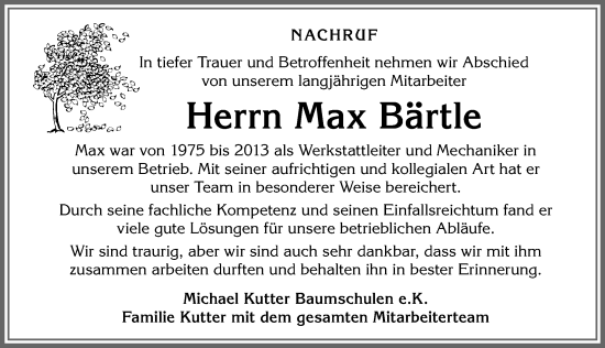 Traueranzeige von Max Bärtle von Memminger Zeitung