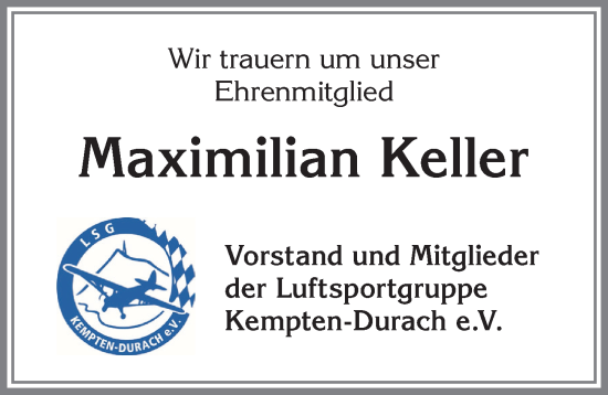 Traueranzeige von Maximilian Keller von Allgäuer Zeitung,Kempten