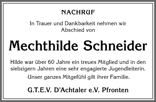 Traueranzeige von Mechthilde Schneider von Allgäuer Zeitung, Füssen
