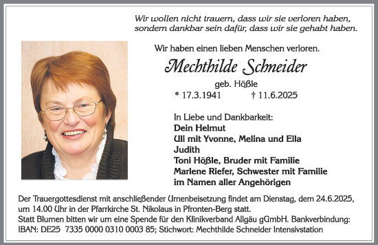 Traueranzeige von Mechthilde Schneider von Allgäuer Zeitung, Füssen
