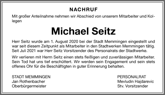 Traueranzeige von Michael Seitz von Memminger Zeitung