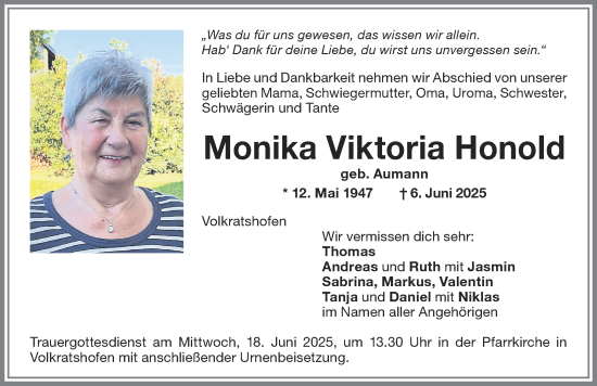 Traueranzeige von Monika Viktoria Honold von Memminger Zeitung