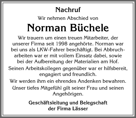Traueranzeige von Norman Büchele von Allgäuer Zeitung,Kempten